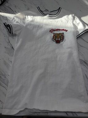 White Short-Sleeve Ringer Tee with Tiger Embroidered Patch